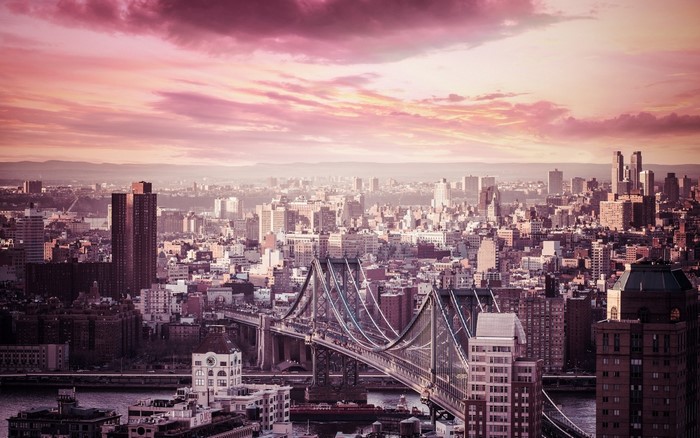 New York City Skyline at Sunset with Manhattan Bridge