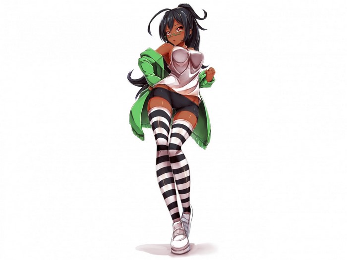 Anime girl with black hair and striped socks