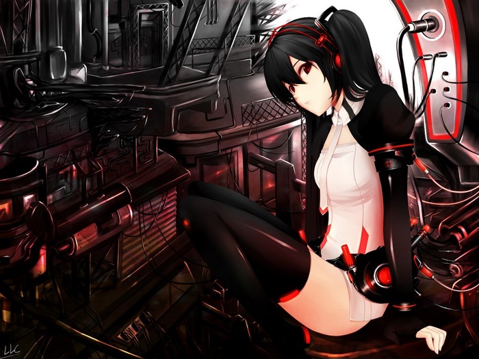 Anime girl with headphones in a futuristic industrial setting