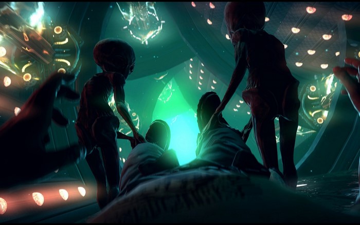 Aliens in a futuristic chamber with green light