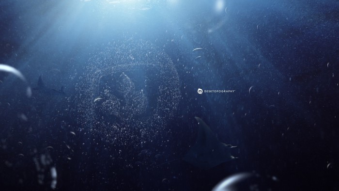Underwater scene with manta rays and bubbles