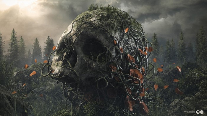 Overgrown Skull in a Forest with Roses