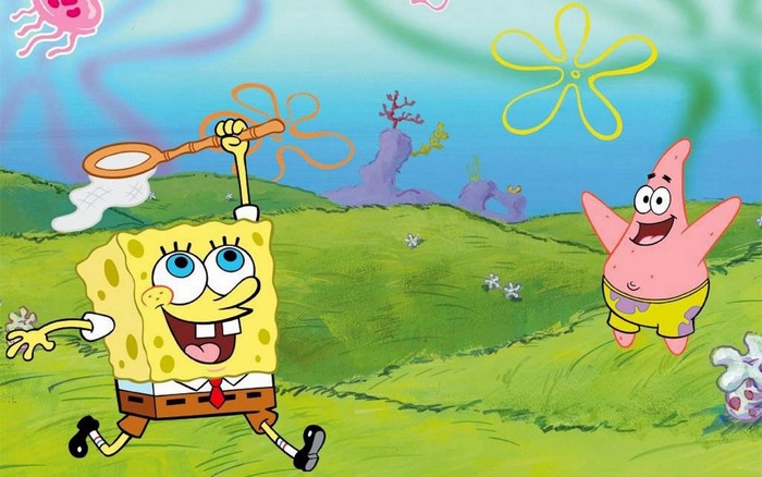 SpongeBob SquarePants and Patrick Star catching jellyfish