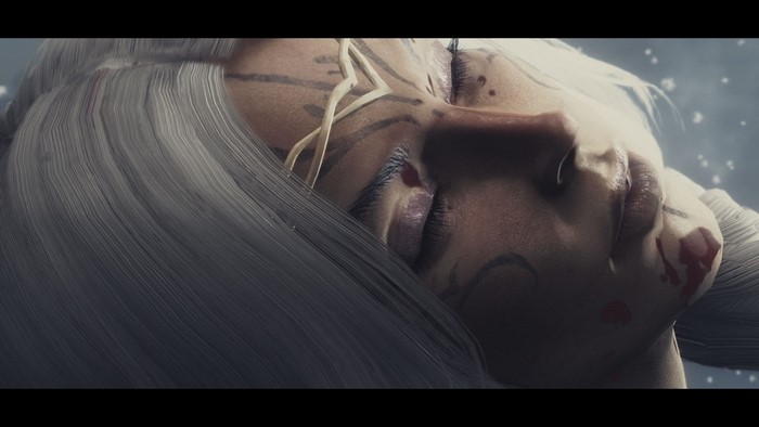 Woman with white hair and face markings sleeping