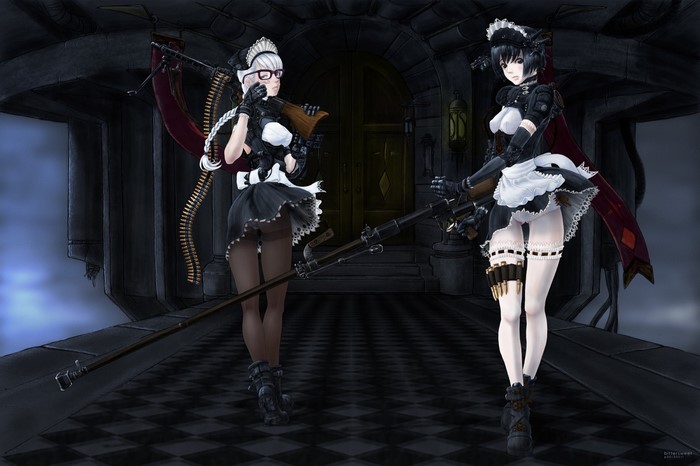 Anime maids with machine guns in a castle