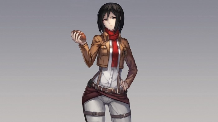 Mikasa Ackerman from Attack on Titan holding a bread roll