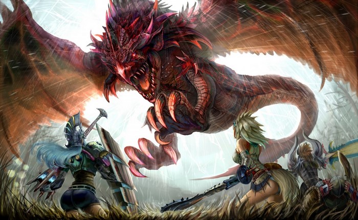 Monster Hunter Wyvern battle with hunters