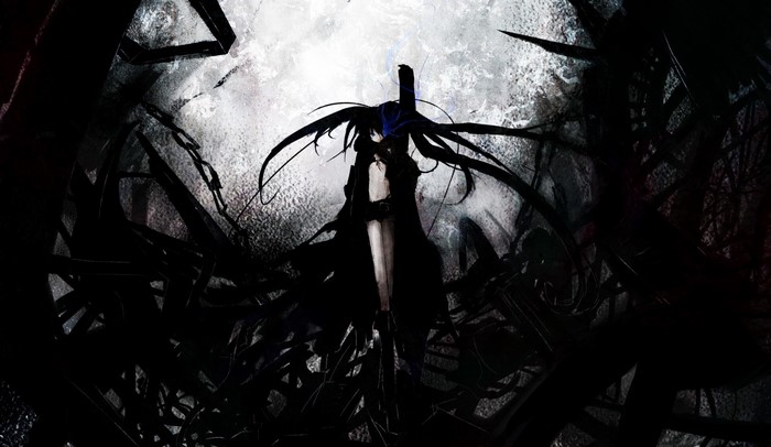 Black Rock Shooter in a dark, abstract environment