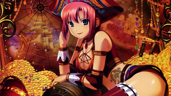 Anime pirate girl with pink hair and treasure hoard