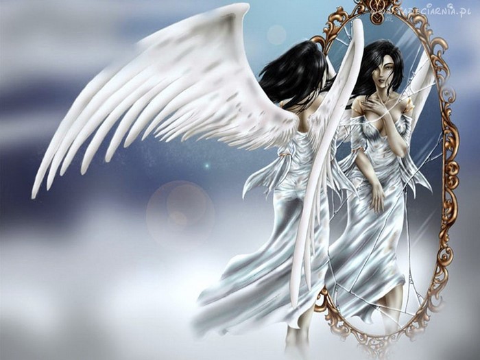 Angel looking into a cracked mirror