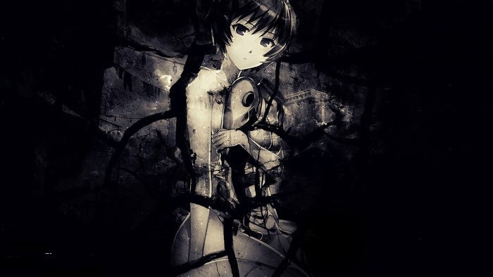 Monochrome anime girl holding a mask