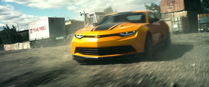 Bumblebee from Transformers driving on a dirt road