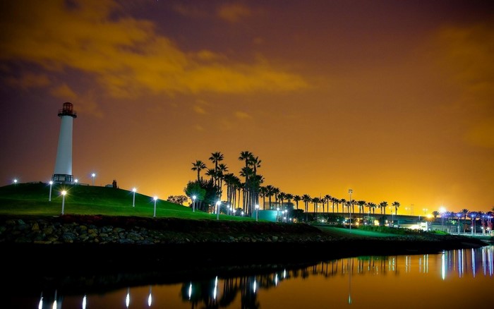 Long Beach Lighthouse at night with palm trees and water reflection