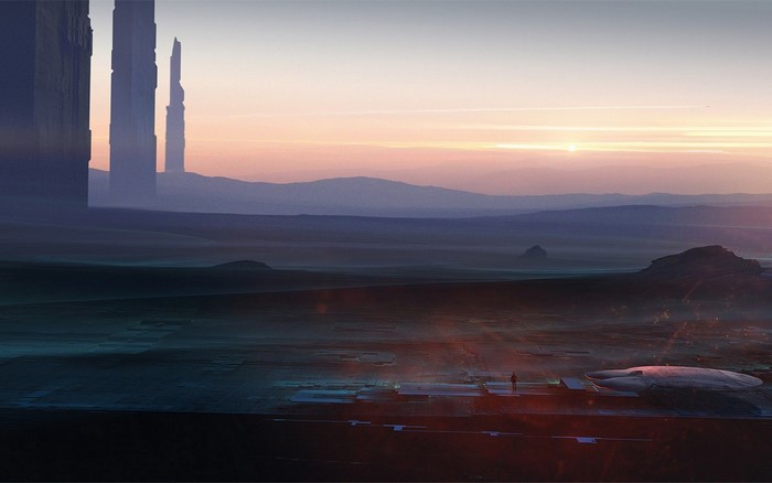 Science fiction landscape with monoliths at sunset