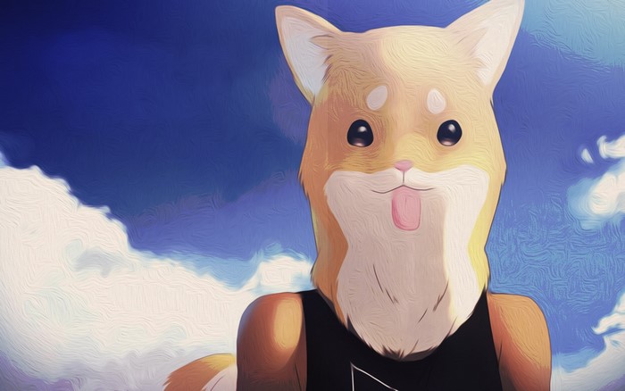 Dog character with tongue out against blue sky