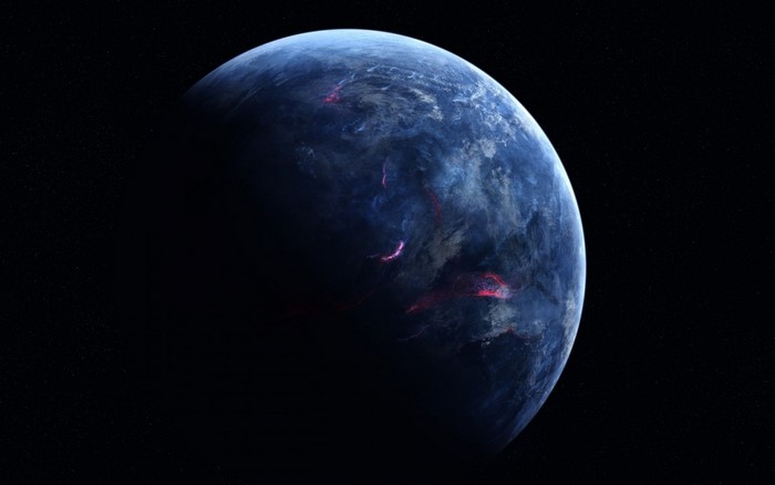 Alien planet with glowing red geological features in space