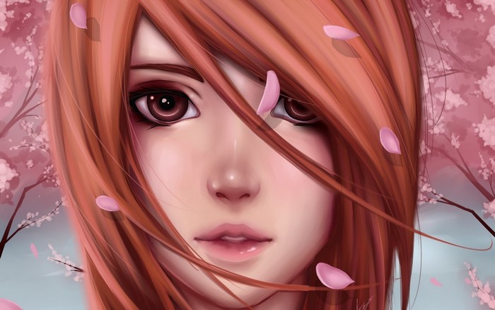 Anime girl with red hair and cherry blossoms