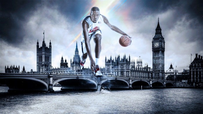 Kevin Durant dribbling basketball in front of London landmarks