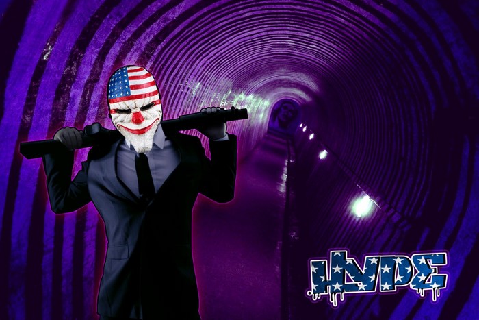 Payday 2 character with American flag mask and gun in tunnel