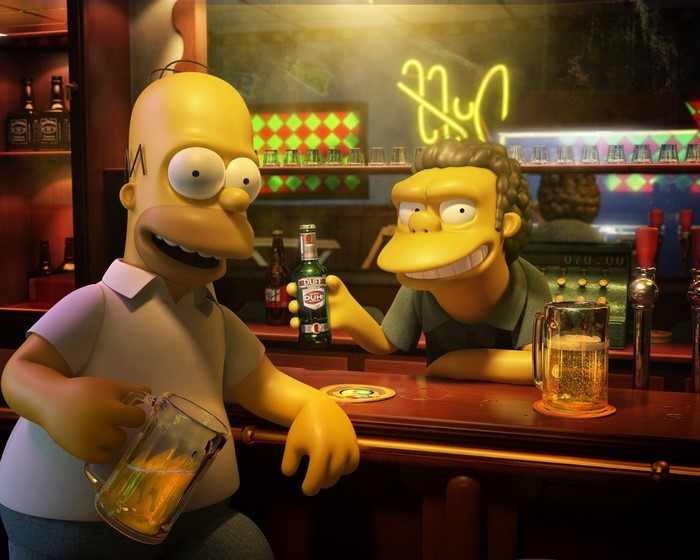 Homer Simpson and Moe Szyslak at a bar with Duff Beer