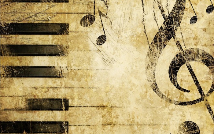Vintage piano keys and musical notes on textured background