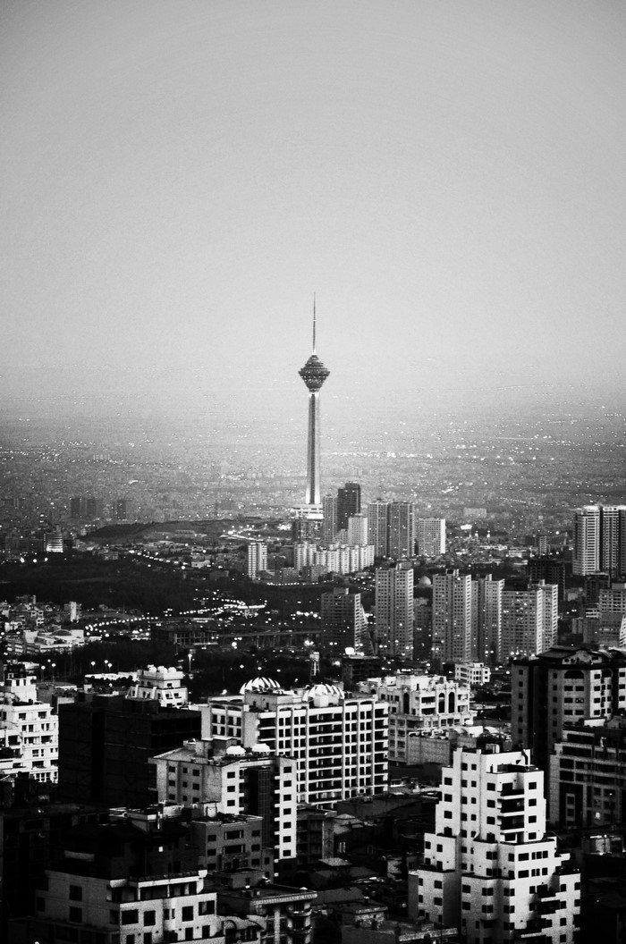 Monochrome cityscape of Tehran with Milad Tower