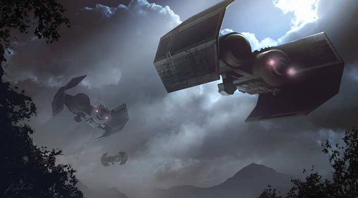Star Wars TIE Bombers flying through cloudy skies