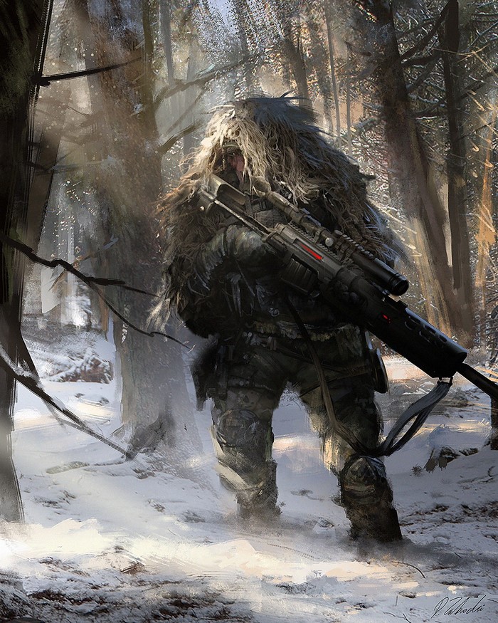 Soldier in ghillie suit with sniper rifle in snowy forest