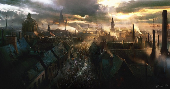 Artwork of a crowded city street with smoke and sunlight