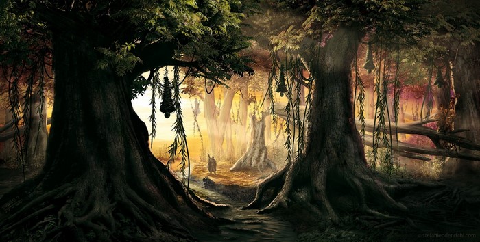 Mysterious swamp forest with hanging pods and sunlight