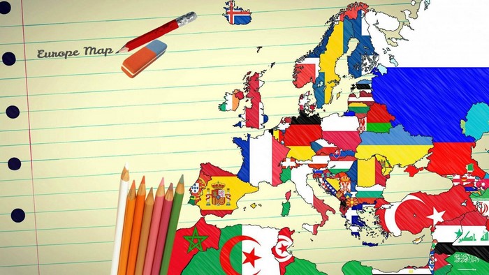 Europe map drawn with colored pencils and flags
