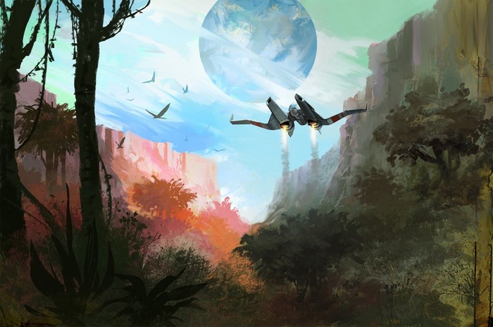 Spaceship flying through a canyon with a planet in the sky
