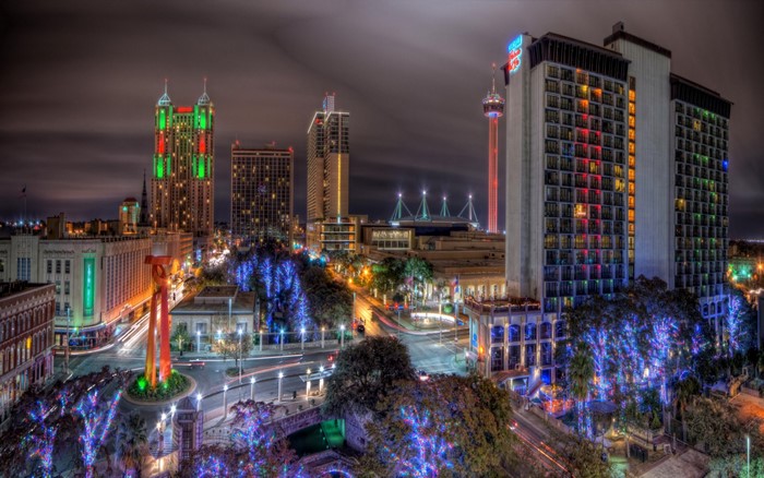 San Antonio cityscape at night with Christmas decorations