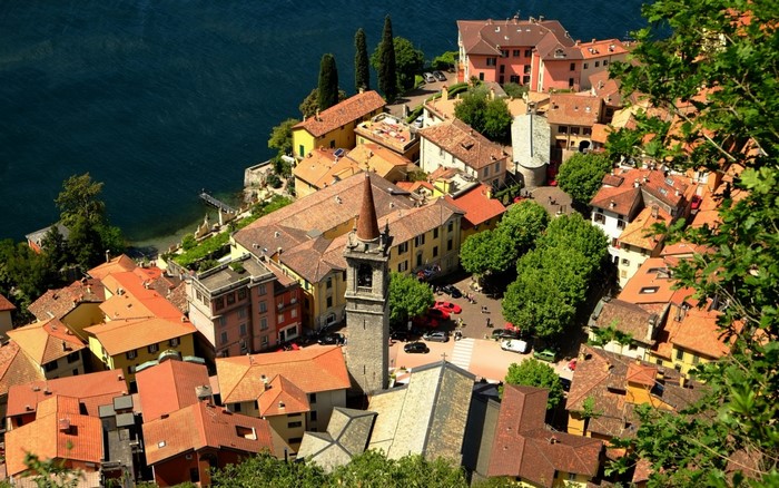 Aerial view of a European village on a lake