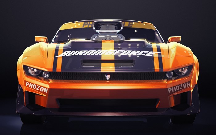 Orange and black sports car with "BURNINGFORCE" text