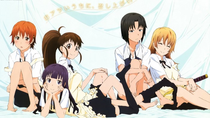 Anime characters from Working!! sitting together