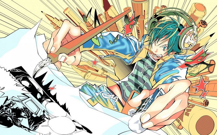 Anime illustration of a young artist drawing with headphones