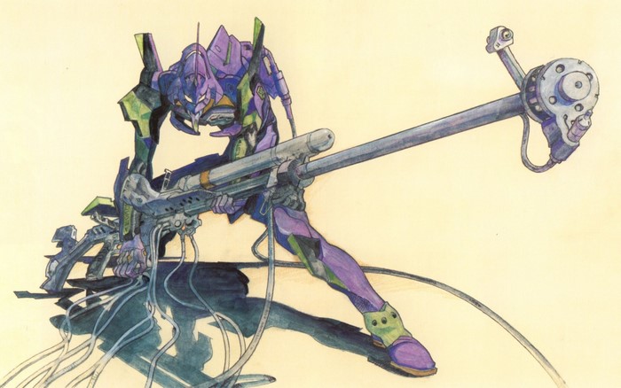 EVA Unit 01 from Neon Genesis Evangelion with a large weapon