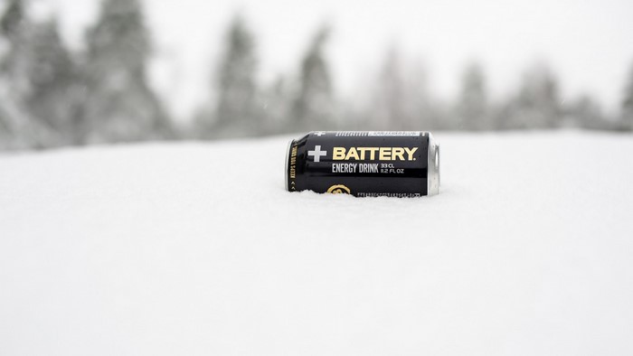Battery Energy Drink can in the snow