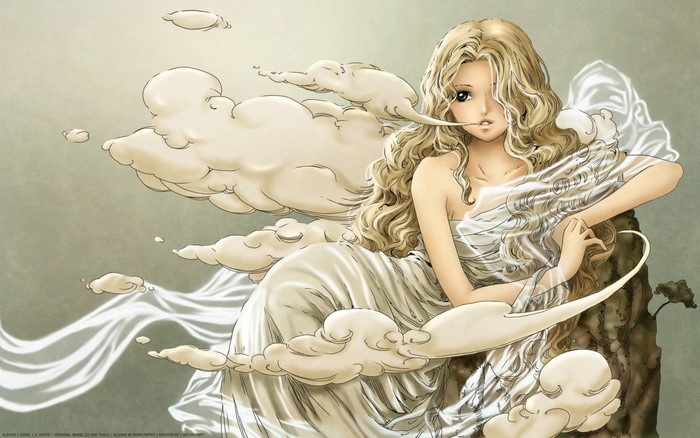 Anime girl with blonde hair surrounded by clouds