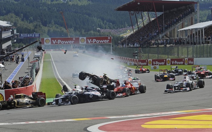 Formula 1 cars in a multi-car crash at Spa-Francorchamps