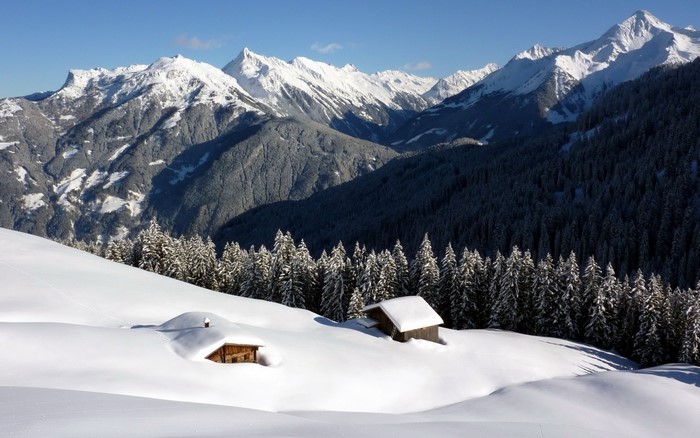 Snowy mountain landscape with chalets and pine forest