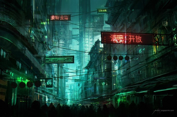 Cyberpunk cityscape at night with neon signs
