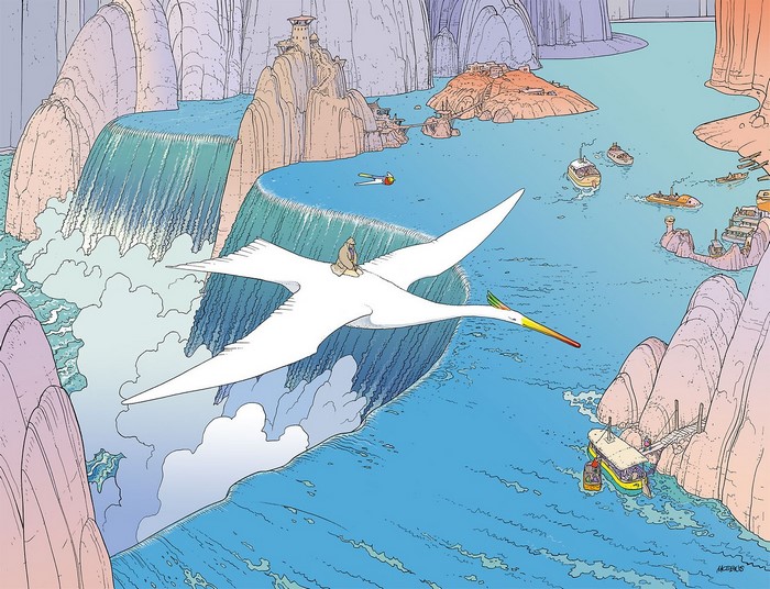 Man riding a bird over a waterfall and ocean