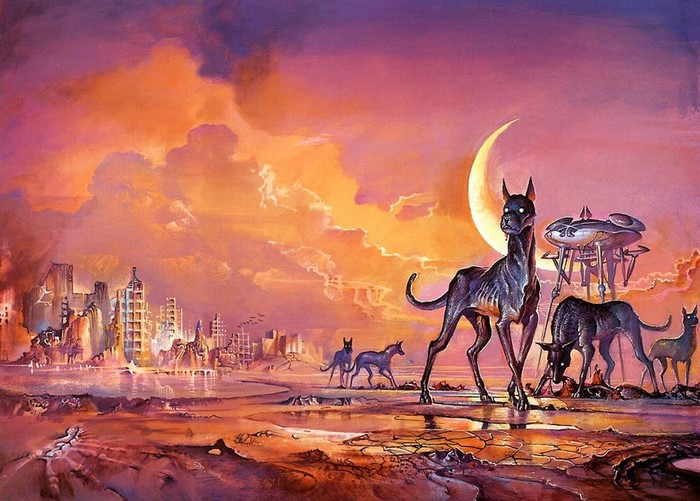 Apocalyptic futuristic painting with dogs and ruined city