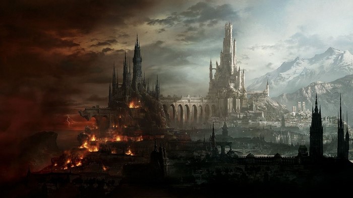 Fantasy cityscape with castles, fire, and mountains