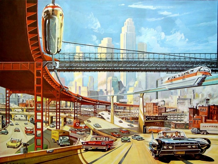 Futuristic cityscape with elevated highways and monorail