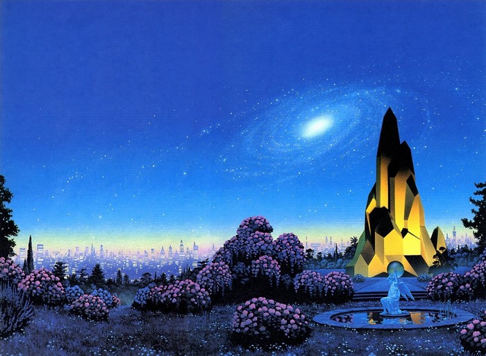 Fantasy landscape with city skyline and galaxy