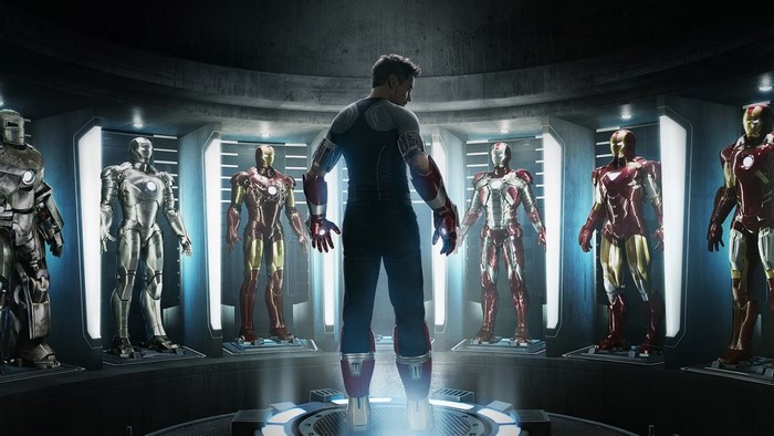 Tony Stark in his Iron Man suit workshop