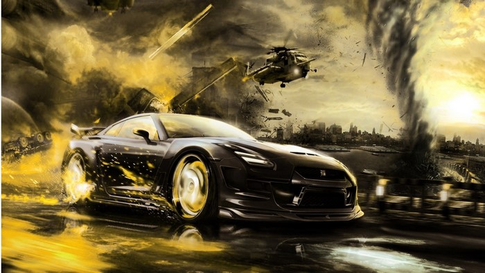 Nissan GT-R in a chaotic city with a tornado and helicopter